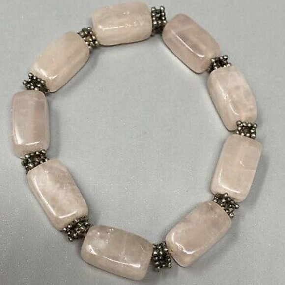 Vintage Chunky Rose Quartz Bracelet Pink Gemstone Rectangle Beads Stretch  7" - Picture 4 of 4